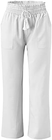 2023 מכנסי פשתן חדשים לנשים, שרוך רגל לבוש רגל רחבה פלאצו יוגה קפריס קיץ מכנסיים עם כיסים
