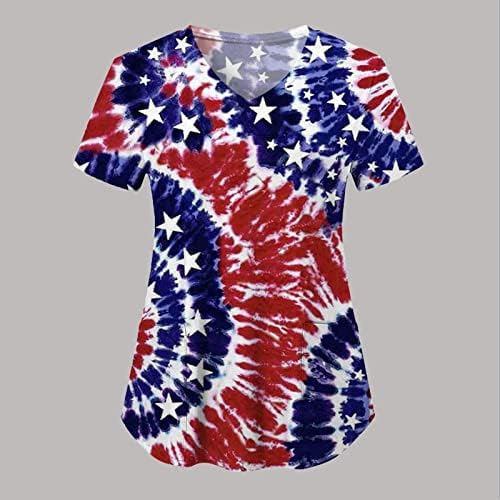 4 ביולי חולצת טי לנשים דגל ארה ב קיץ חולצת טי עם צווארון שרוול קצר עם 2 כיסים חולצות בגדי עבודה מזדמנים