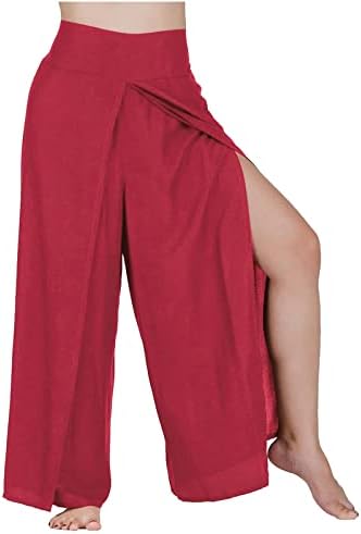 Oplxuo Slit רגל רחבה מכנסי פשתן כותנה לנשים מכנסי פלאצו זורמים במותניים גבוהות מכנסי יוגה קיץ מכנסי