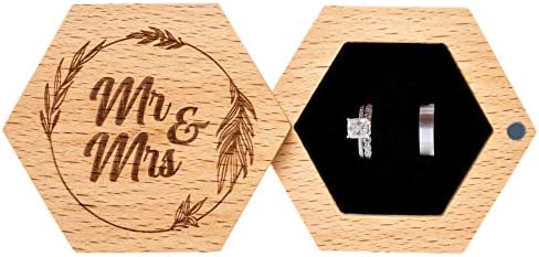 סטרובה מר וגברת קופסת טבעת נישואין - משושה עץ כפרי ייחודי המיועד להצעה, טקס, נושא, תצוגה או מארגן תכשיטים