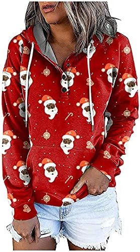 Lisapecia סווטשירטים לחג המולד לנשים כפתור שרוול ארוך למטה חולצות קפוצ'ונים גרפיים חמודים פלוס גודל