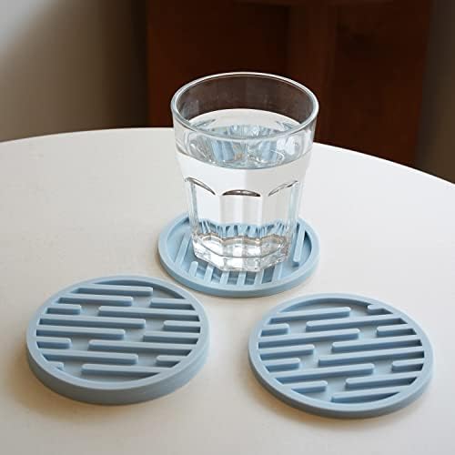 סט של 6 תחתיות כחולות שמיים למשקאות, תחתיות סיליקון עם עיצוב מחורץ, תחתיות עמידות להגנה על שולחן, אנטי