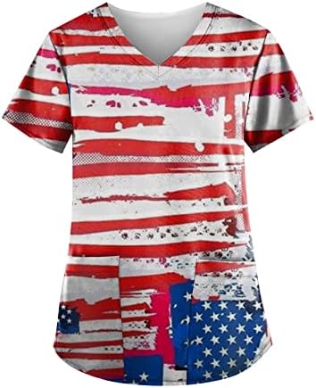 4 ביולי חולצות לנשים דגל ארה ב קיץ שרוול קצר חולצת טי עם 2 כיסים חולצות בגדי עבודה מזדמנים לחג