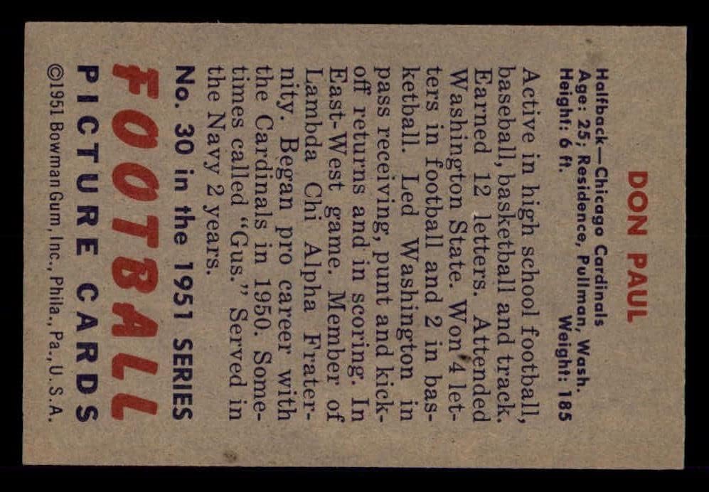 1951 Bowman 30 דון פול שיקגו קרדינלס-FB EX/MT Cardinals-FB Washington St