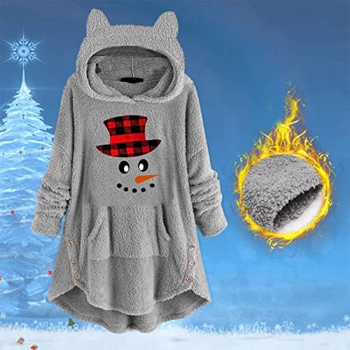 סוודר עם ברדס מטושטש של נשים מעיל הדפסת חג המולד חמוד לחורף פליס חם צמר אוזניים חתול גדול