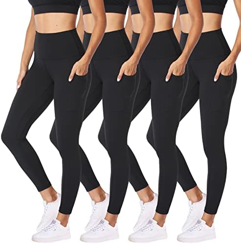4 מארז חותלות לנשים-גבוהה מותן בטן בקרת רך לא שקוף שחור יוגה מכנסיים לאימון אתלטי