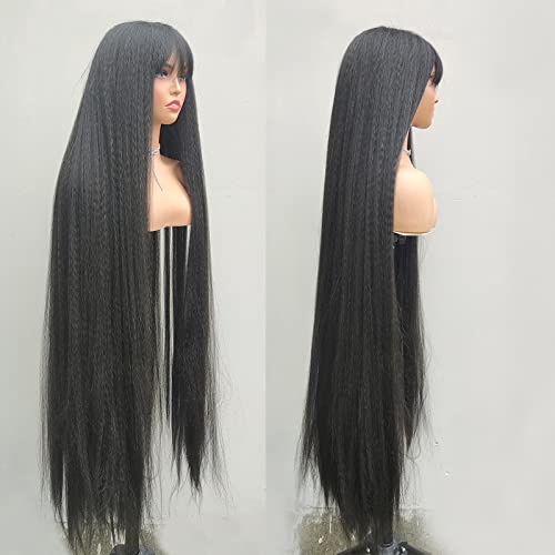 48 סנטימטרים סופר ארוך גדול שיער פאה שחור קינקי ישר פאה עם פוני יקי שיער פאה לנשים שחורות סינטטי פאות