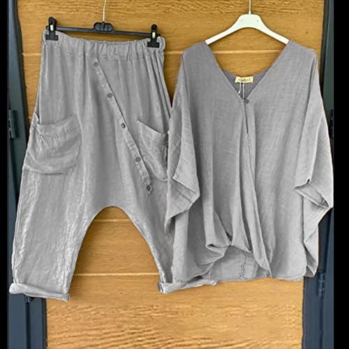 2 חתיכה תלבושות עבור נשים 2023 קיץ כותנה פשתן ארוך שרוול חולצה וכיסים מכנסיים סט גבוהה מותן כפתור אימונית