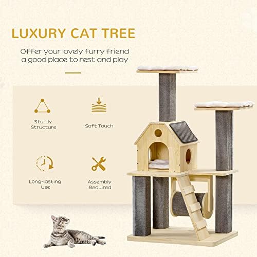 Pawhut עץ חתול נעים לבית לחתולים מקורה עם מוטות מכוסות כריות, צעצוע מסתובב, מגדל חתולים של פעילות טיפוס
