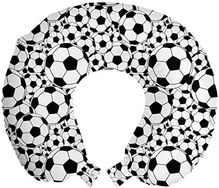 מנוחה של צוואר נסיעות בכדורגל של Ambesonne, דפוס עיצוב מונוכרום של כדורי כדורגל קלאסיים בנים דפוס קריקטורה,