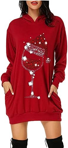 נשים הסווטשרט שמלת אופנה אדום יין זכוכית גרפי ארוך שרוול חג המולד מיני שמלת כיס סוודר שמלת סווטשירט