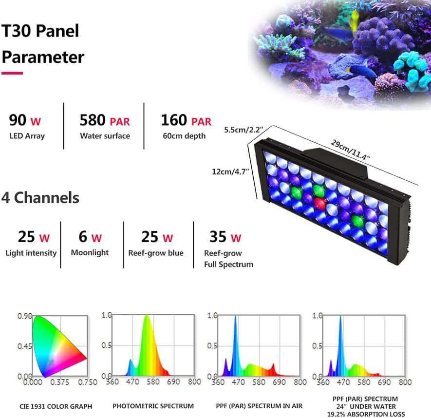 פופבלום טי 30 תאורת אקווריום לד ימית ספקטרום מלא 4 אורות עבור 180-220 סמ שונית מיכל דגי אלמוגים ימיים,
