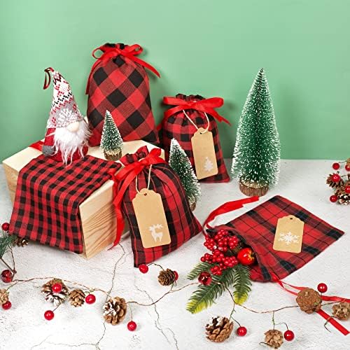 שקיות מתנה לחג המולד עם שרוך כותנה, 24 חבילות שקיות חג מולד קטנות משובצות באפלו למתנות, שקיות מתנה לחג