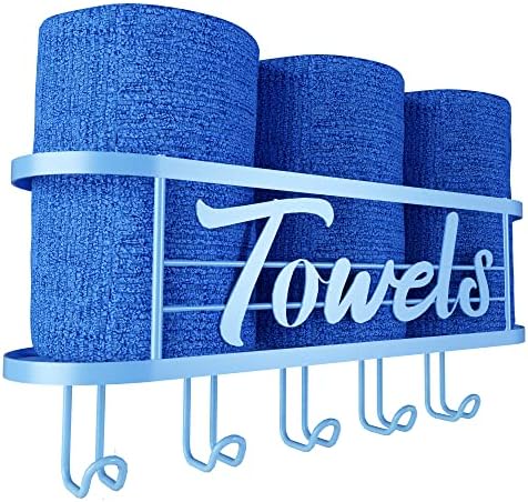 מתלה מגבות כחול למגבות מגולגלות - קיר מחזיק מגבות רכוב עם 5 ווים מגבת סל מגבת מתכת לחדר אמבטיה