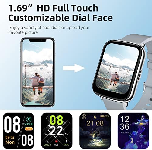 שעון חכם לטלפונים אנדרואיד ו- iOS תואם אייפון תואם סמסונג גברים נשים 1.69 מסך HD מסך חמצן צג דופק IP68