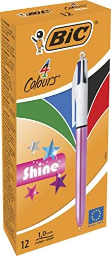 ביק 4 צבעים ברק כדורי עטים-תיבה של 12-מתכתי ורוד גוף עם 4 דיו צבעים