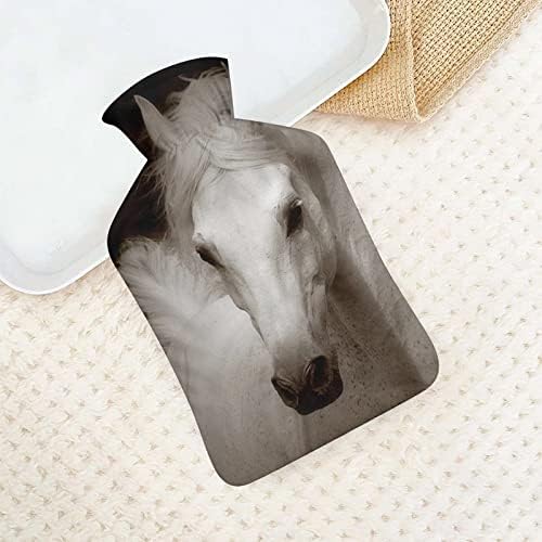 סוס לבן על בקבוק מים חמים כהים עם כיסוי רך 1L שקית גדולה יותר קלאסית קלאסית לרגלי יד צוואר