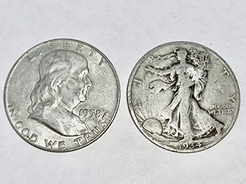 2 מגרש מטבעות חצי דולר חצי דולר, סט וינטג 'של ארצות הברית. בן פרנקלין ומטבע הליברטי בהליכות קבעו חצי