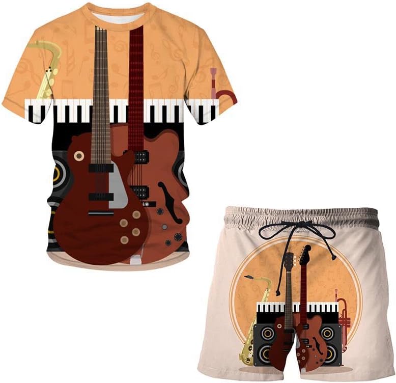 Mens 2 חלקים תלבושת כושר מוסיקה תלת מימד הדפסת דיגיטל מכנסי אימונית סטים חולצות T+מכנסיים קצרים ערכת