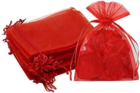 JWSQMC 4x6 אינץ 'שקיות מתנה אורגנזה עם משיכת תכשיטים, ממתקים, 100 יח' שקית אדומה, שקית בד שני טול למקלחת